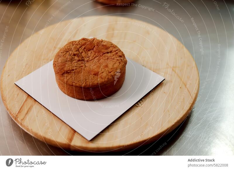 Freshly baked cake on a wooden cutting board baking fresh cooling pastry kitchen homemade dessert sweet brown round oven-baked bakery cookery culinary