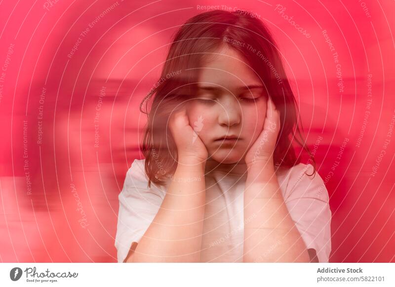 Young girl experiencing distress, concept of hypoglycemia discomfort health medical illness symptom diabetes blurred background child healthcare young sorrowful