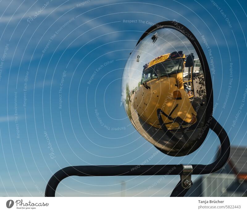 Old American school bus admires itself in its rear-view mirror School bus Yellow reflection Bus Reflection Transport Means of transport Mirror image