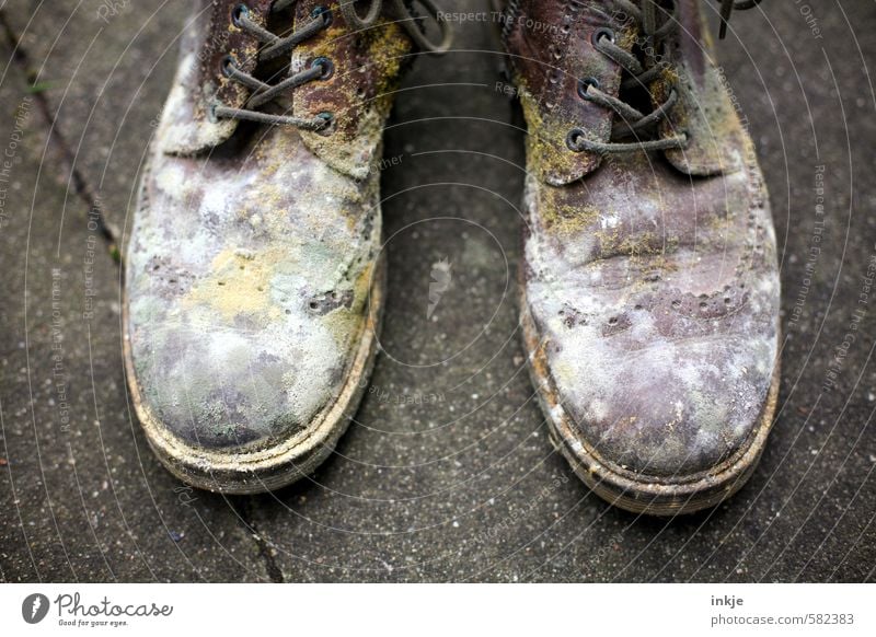 nauseating Footwear Boots Leather shoes Old Dirty Disgust Emotions Decline Bum around Spoiled In pairs Colour photo Multicoloured Exterior shot Close-up Detail