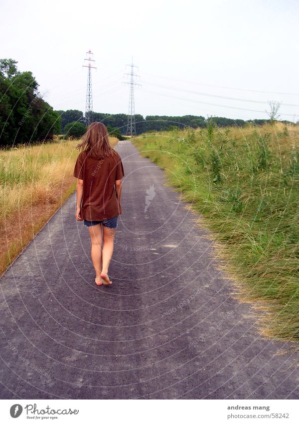 The long road Footpath Field Loneliness Long Woman Asphalt Street Walking walk lonely alone