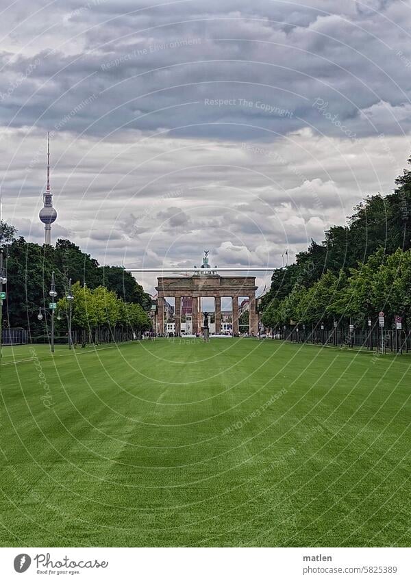 Lawn in front of the Brandenburg Gate Berlin EM 24 Television tower Sky Clouds Capital city Football World Cup Deserted June 17