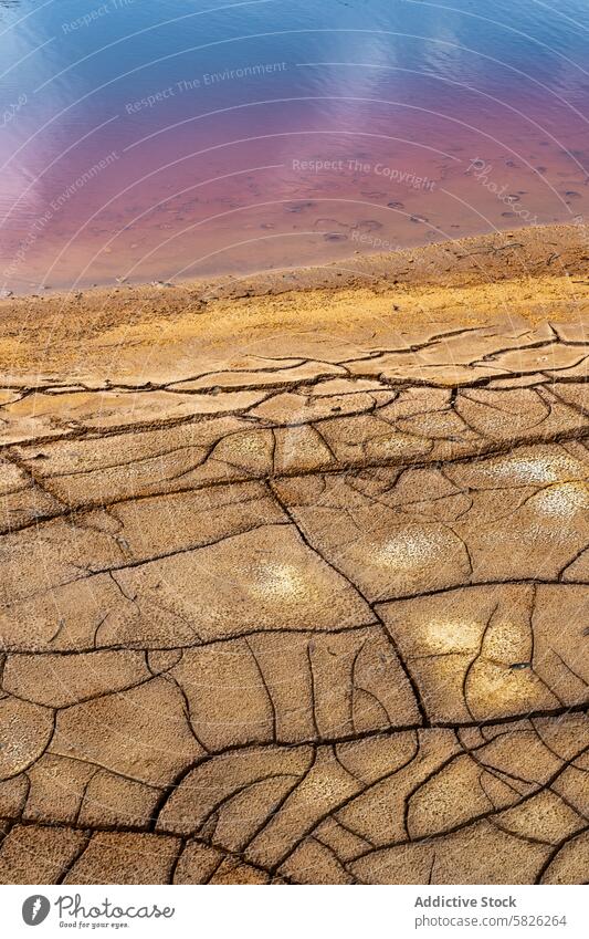 Dried mud patterns and rich red waters at riotinto river mineral deposit environment texture natural landscape earth dried crack ground terrain sediment erosion