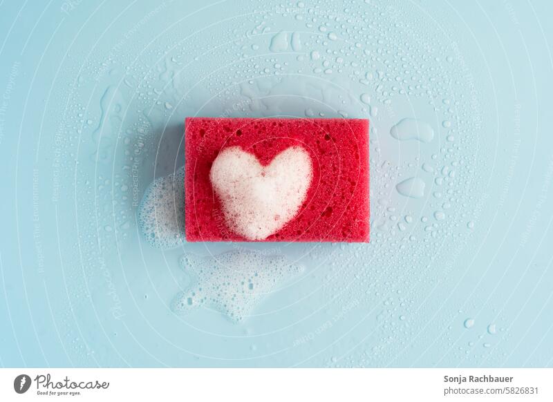 A red cleaning sponge with a heart of foam. Top view. Clean Cleaning Heart Foam Water Wet Blue background plan polish Cleanliness Living or residing