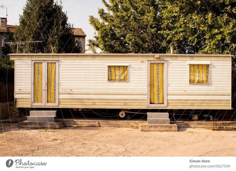 Mobile home on a campsite in summer Camping Tourism Caravan Yellow Summer Hot Vacation & Travel Summer vacation Camping site Retro Charming got on in years