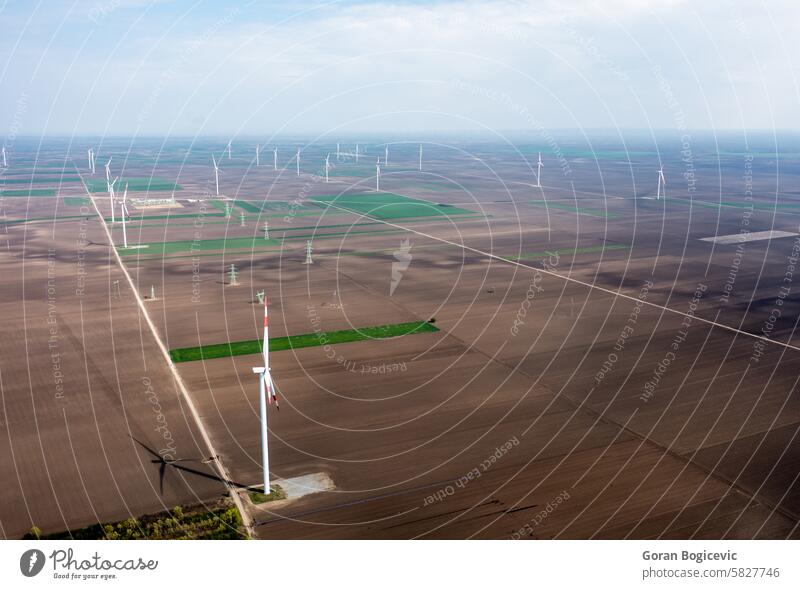 Vast Wind Farm Stretching Across Fertile Plains at the Break of Dawn agricultural alternative area blades clean early eco-friendly electricity energy