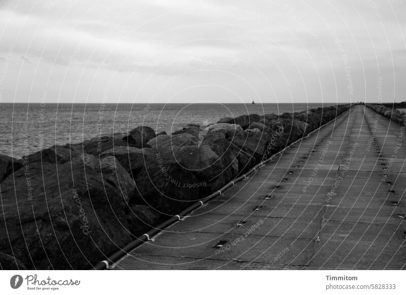 On your mark... Mole Concrete stones Fastening North Sea Water Horizon Denmark Sky Clouds Deserted Black & white photo reeds Cables Vacation & Travel