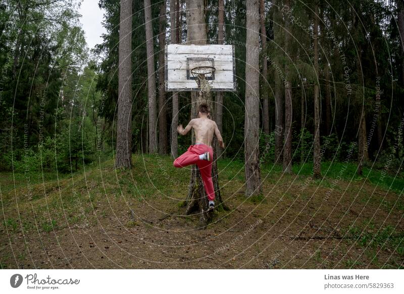 A wild action scene in a dense forest with a rugged male model. A rusty basketball hoop stands in the middle of the woods. The man's muscles are visible from behind as he leaps to score points.