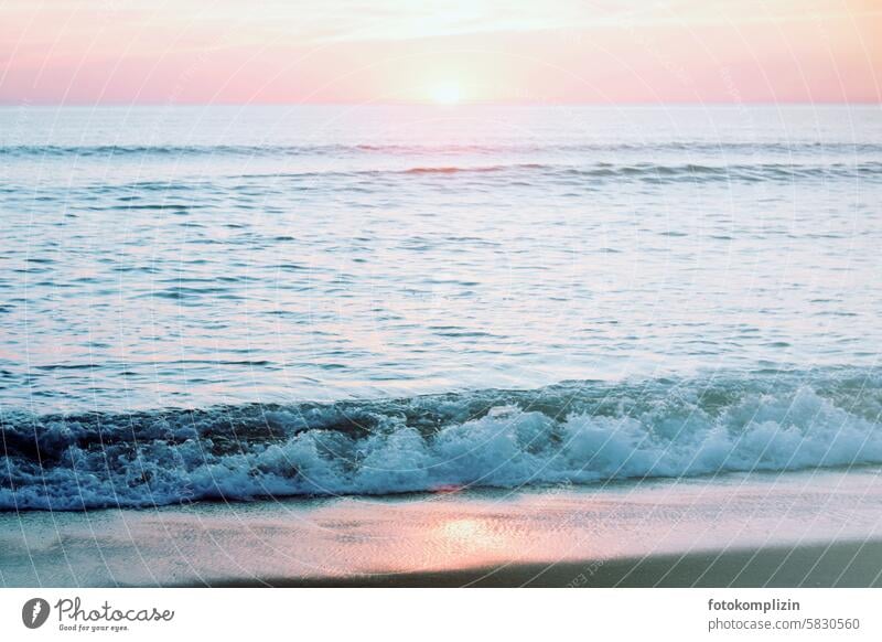Sea and horizon in pastel Ocean Beach Sunset Waves Horizon Longing Romance romantic Pink Delicate colors Vacation & Travel Wanderlust Meditation silent Nature