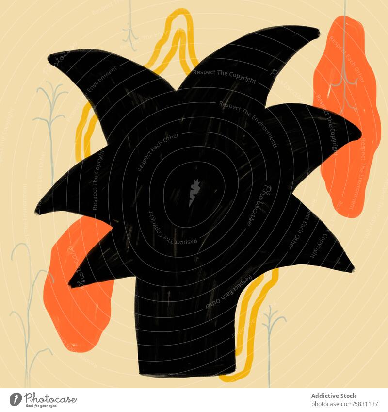 Abstract floral shapes on yellow background abstract art black modern artwork contrast orange backdrop design minimalism bold soft pattern creative decoration
