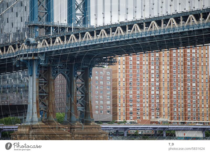 Detail of Manhattan Bridge with surrounding houses USA Americas skyscrapers Architecture