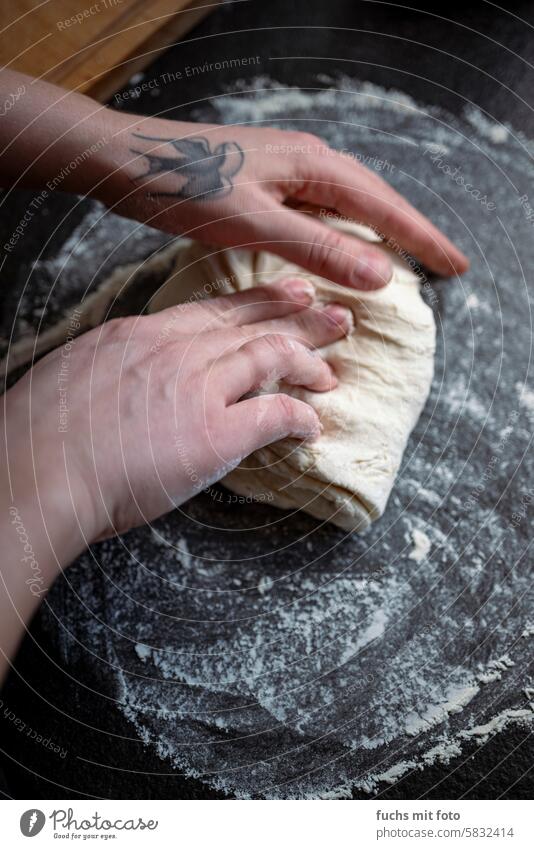 Tattooed hands knead a dough. Pizza dough pizza dough Hand Women's Hands swallow DIY Flour Food Colour photo Baking Bakery Cook Ingredients Dough Cooking