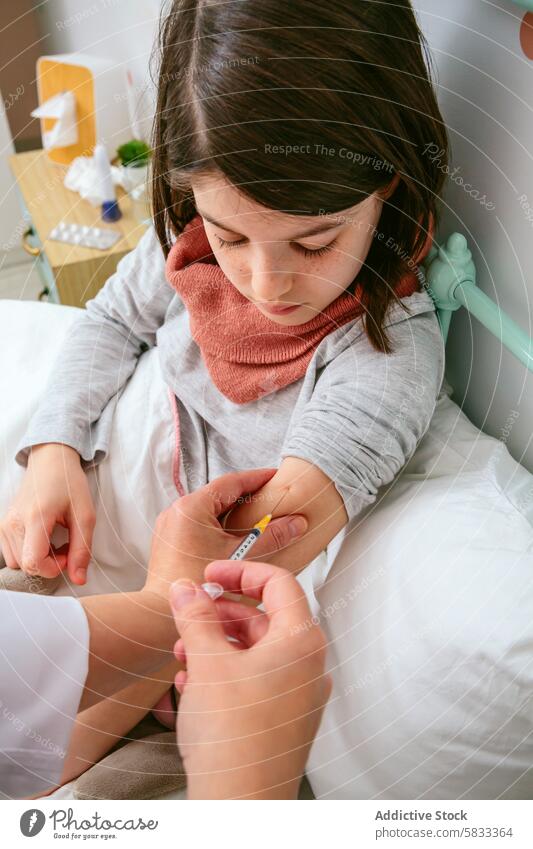 Young Girl Getting a Diabetes Test in Bedroom girl blood glucose test bedroom diabetes healthcare medical diabetes care insulin child pediatric blood sugar