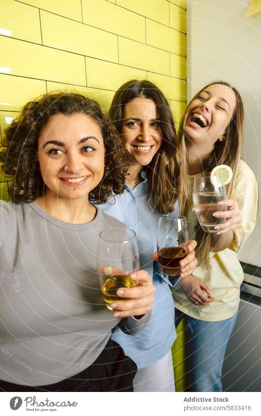 Joyful friends taking a selfie during a home gathering friendship playing drinking good time female casual happy smile looking at screen enjoyment togetherness