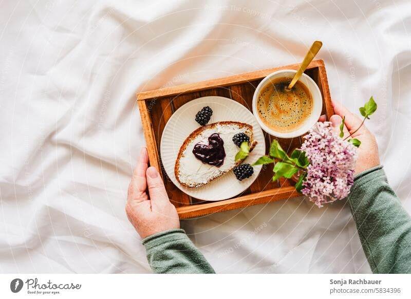 breakfast in bed Coffee Flower Cup Jam Slice of bread serving tray Breakfast Bed Woman stop Morning Hot drink Delicious cute Heart-shaped Duvet White plan