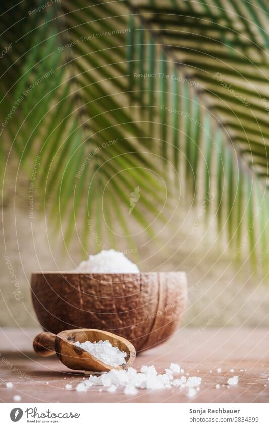 Bath salts in a bowl and a palm leaf bath salts Wellness Relaxation Spa Colour photo Well-being Personal hygiene Healthy Fragrance Cure Palm leaf Cosmetics