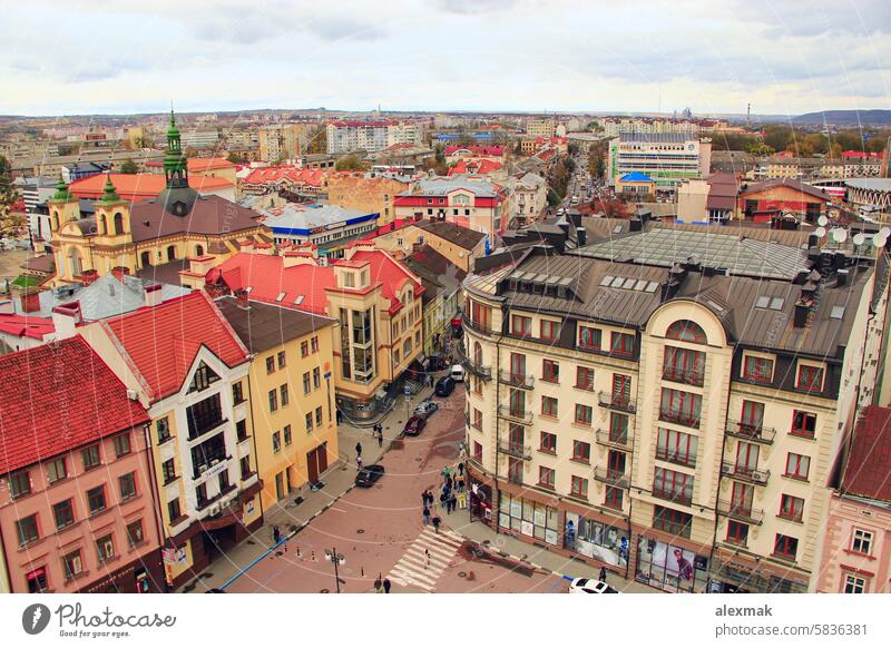 European city. View from above. Ivano-Frankivsk view people street clouds town architecture building Ukrainian road way from a birds eye view cars sky skyscape