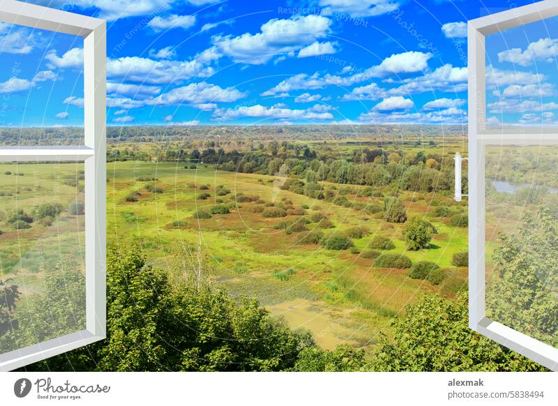An open window to view from high air beautiful bog bush cloud dale detail forest frame fresh glass green habitation handle heaven home horizon house life marsh