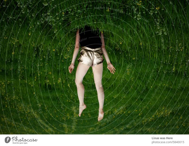 A green meadow with some nice flowers is where pretty girls lose their heads. Although this image is upside down, you can still see our model's pretty legs and shiny golden shorts. Summer is here, and it’s a time when you can easily lose your head.