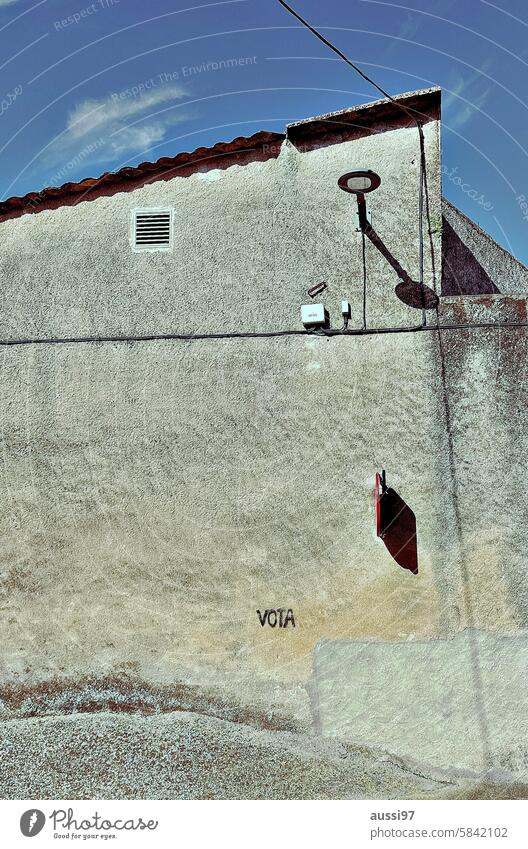 Vota Europe 2024! number Deserted Signs and labeling Wall (building) Exterior shot Facade Spain Wall (barrier) Building Derelict Old Characters Colour photo
