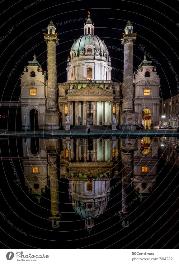 Vienna Karlskirche at night with reflections in the water Vacation & Travel Tourism Trip Adventure Sightseeing City trip Town Capital city Church Dome Building
