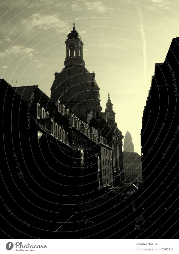 Focus on the Frauenkirche Dresden Alley Dark Black Yellow House (Residential Structure) Church spire House of worship Street Religion and faith Sky Gray