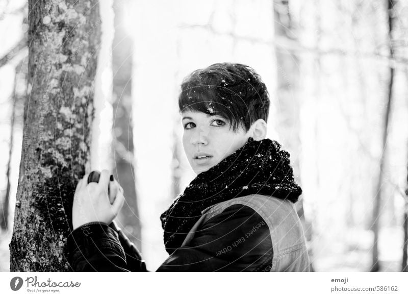 Black on White Feminine Young woman Youth (Young adults) 1 Human being 18 - 30 years Adults Winter Snow Beautiful Black & white photo Exterior shot Day
