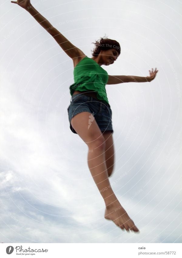 floating Sky Shorts Jump T-shirt Juliana Jeans Clouds Young woman Beautiful Flying Free Freedom Air Hands up! Posture Legs Long Woman's leg Tall Happiness Joy