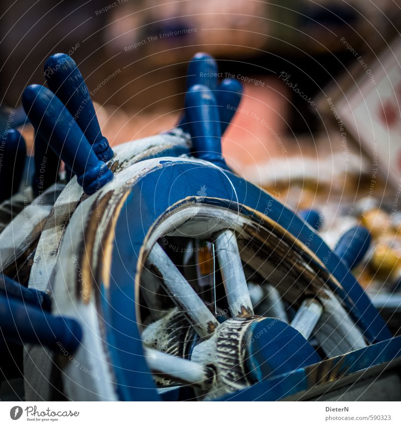 tax Wood Old Round Blue White Steering wheel Souvenir Kitsch Wheel Maritime Colour photo Interior shot Copy Space right Shallow depth of field