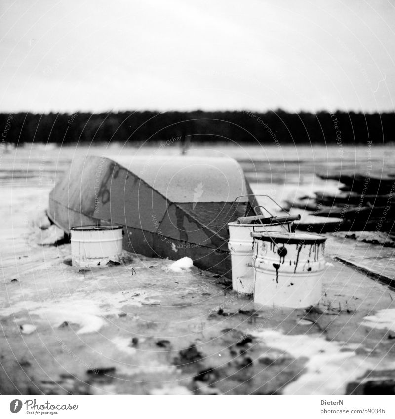 paint Nature Landscape Cloudless sky Winter Ice Frost Lakeside River bank Fishing boat Old Dirty Bucket Dye Varnish Analog Medium format Black & white photo
