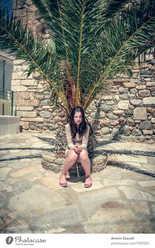 Tired tourist sitting under a palm tree. Lifestyle Relaxation Vacation & Travel Tourism Summer Human being Feminine Youth (Young adults) 1 13 - 18 years Child