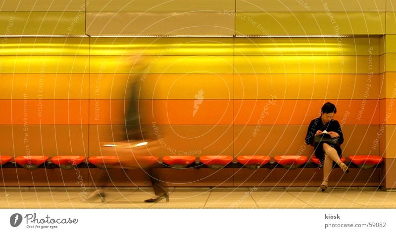 between them Underground Woman Bag Motion blur Station Reading Human being Wait Walking Sit Bench