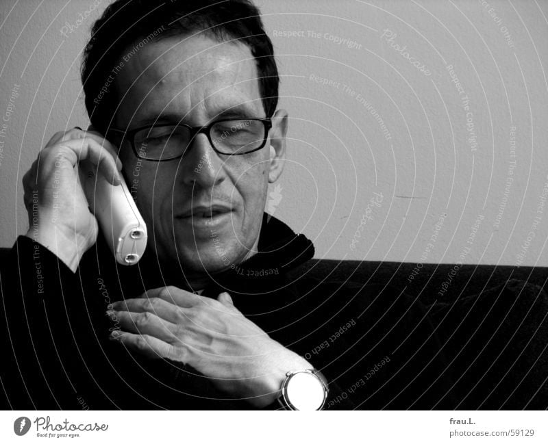 listen To talk Man Telephone Intensive Hand Clock Sweater Eyeglasses Listening Concentrate portrait Attractive The fifties Communicate Face Laughter