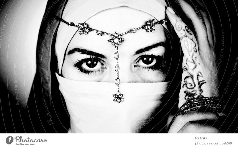 indian princess Woman Portrait photograph India Black White Hand Vail Jewellery Necklace Headwear Near and Middle East Face Eyes Human being Looking Rag