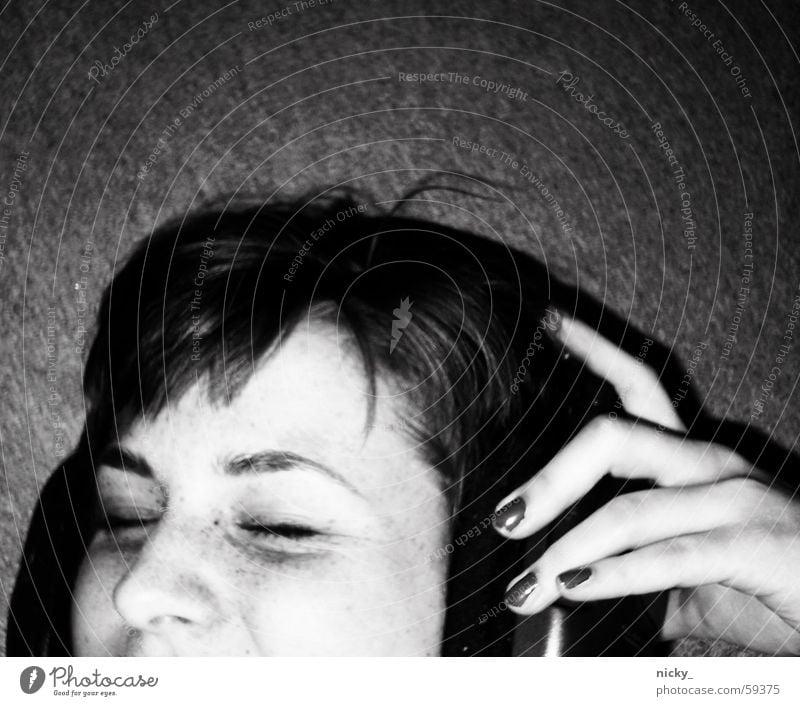can you turn it up a lil' bit? Headphones Woman Hand Grinning Dream Black & white photo Floor covering rock it Nose Face Eyes shake it laallaaallaa