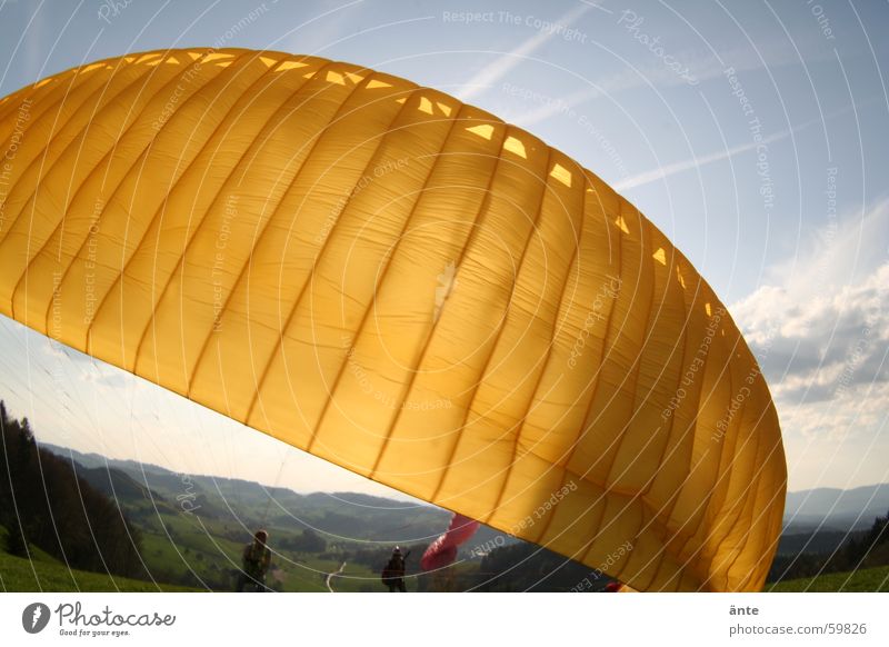 paraglider session II Paraglider Cloth Yellow Paragliding Fisheye Beginning Sky Material Flashy Departure Aviation Extreme sports startable Rag Bright Sun