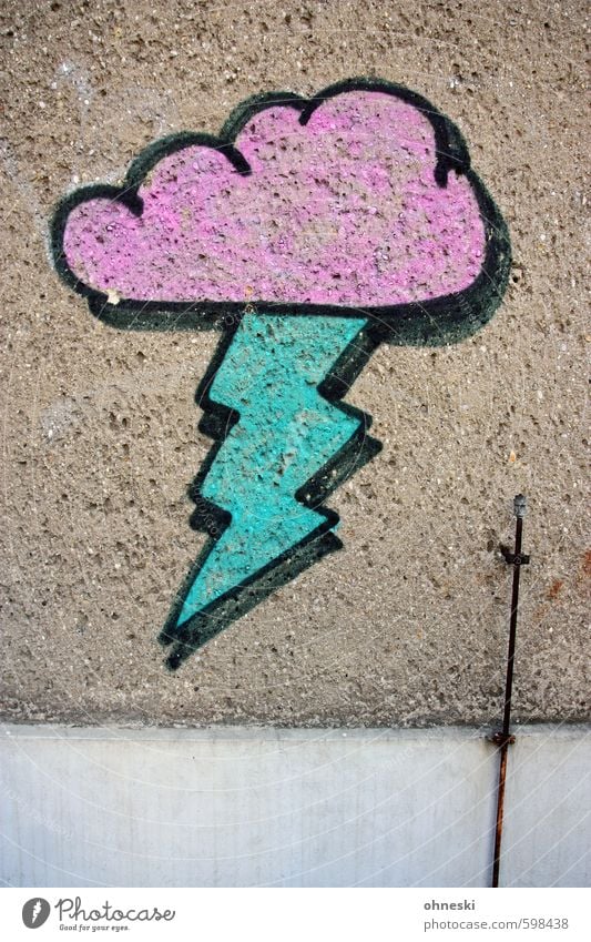 weather capers Youth culture Street art Graffiti Clouds Thunder and lightning Lightning House (Residential Structure) Wall (barrier) Wall (building) Facade Town