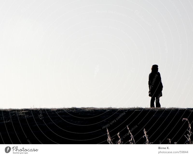 alone Loneliness Grass Dike Back-light Woman Think To go for a walk Going Silhouette Sky Shadow Nature