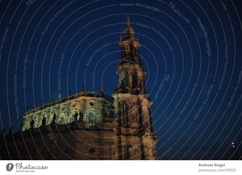 Beauty of the night Dresden Hofkirche Night Dark Black Light Moody House of worship Historic Old town Religion and faith Tower Lighting Evening Blue Elbe