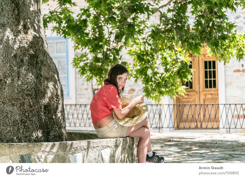 Girl with straw hat sitting under a shady tree Lifestyle Vacation & Travel Summer vacation University & College student Human being Feminine Woman Adults