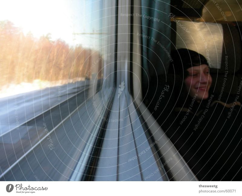 Knudi in Sweden Railroad Train travel Train window Window Passenger In transit Vacation & Travel Window pane Laughter Vantage point