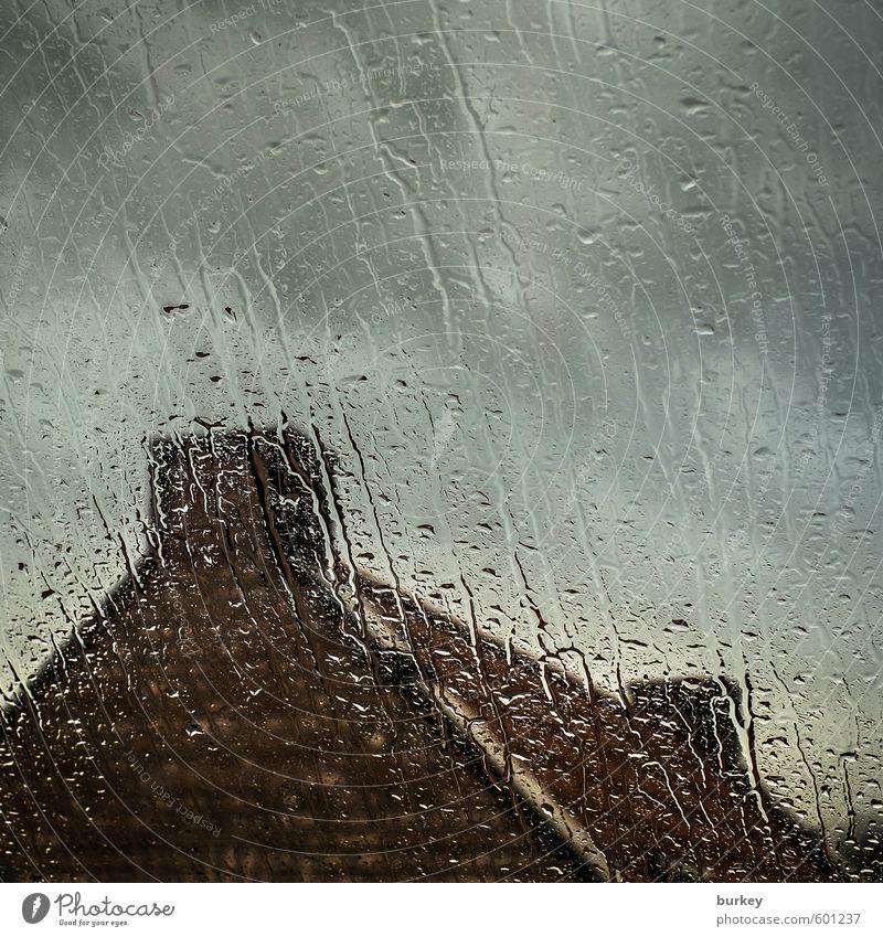 autumn storm Drops of water Clouds Autumn Bad weather Storm Rain Small Town Detached house Window Roof Chimney Stone Brick Sadness Wait Dark Cold Wet Blue Brown