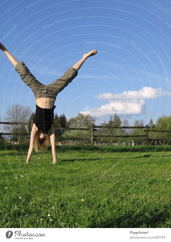 high up Handstand Meadow Happiness Summer Clouds Fence Gymnastics On the head Joy Blue sky Sports Sky Human being Free Freedom
