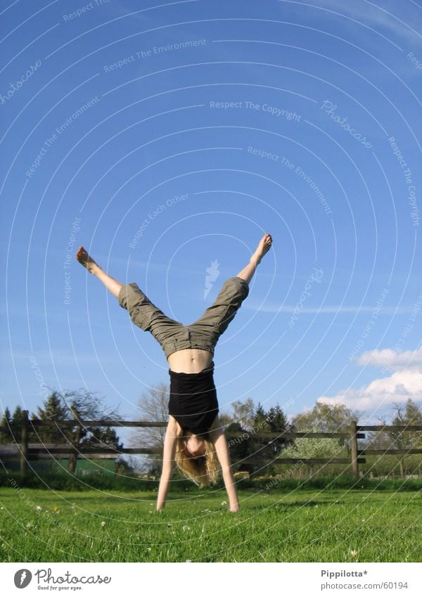 handstand Handstand Meadow Happiness Summer Clouds Fence Gymnastics On the head Joy Blue sky Sports Sky Human being Free Freedom