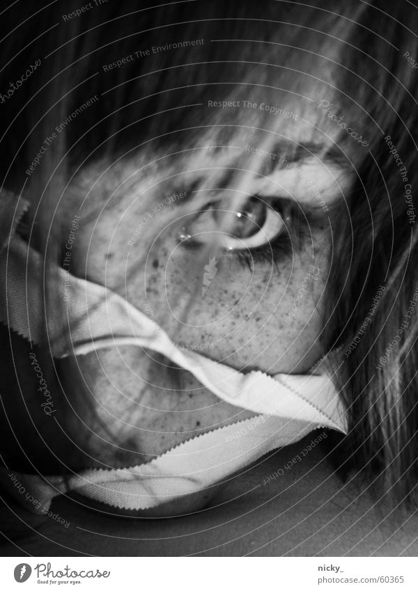 unleash me Woman Adhesive tape Freckles Eyebrow Stuck Grief Evil Disappointment Black & white photo Hair and hairstyles Eyes Face Nose Sadness muuhhhaaa