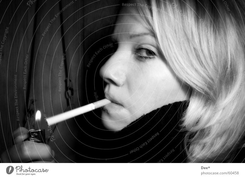 Caught smoking... Woman Cigarette Blonde Lighter Hand Fingers Intoxicant Tobacco Smoking Face Human being Hair and hairstyles Blaze Black & white photo Eyes