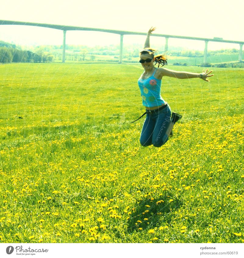 take off twice... Jump Hop Spring Meadow Dandelion Blossom Flower Grass Style Sunglasses Flying Joy Landscape Human being Bridge