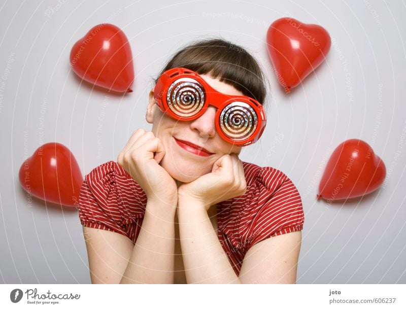 rose-colored glasses II Flirt Valentine's Day Carnival Feminine Young woman Youth (Young adults) Woman Adults Eyeglasses Balloon Heart To enjoy Smiling Love