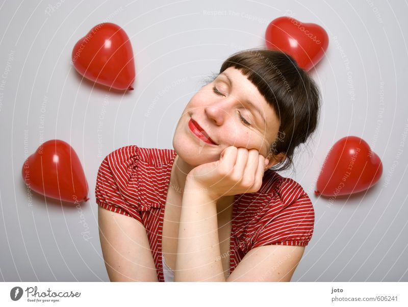 Thoughts are free Valentine's Day Feminine Young woman Youth (Young adults) Woman Adults Balloon Heart Smiling Love Dream Happiness Happy Red Contentment