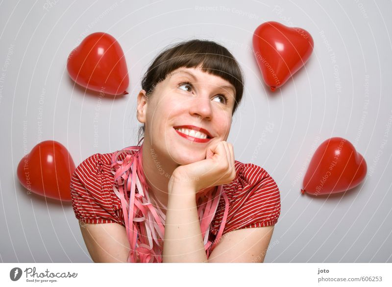 languish Well-being Contentment Valentine's Day Birthday Young woman Youth (Young adults) Balloon Heart Love Happiness Happy Cute Red Emotions